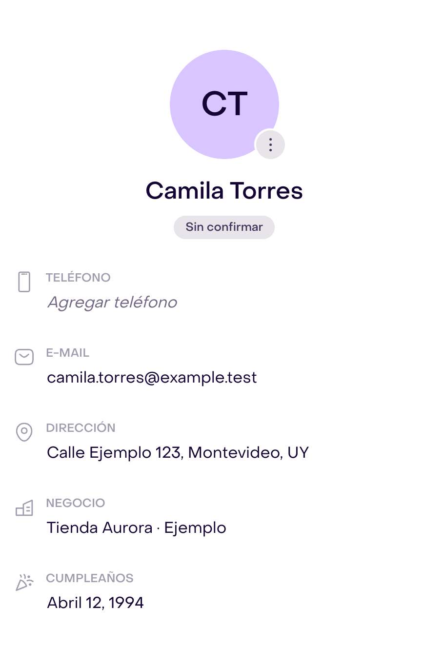 Estado y datos de un perfil ficticio sin confirmar