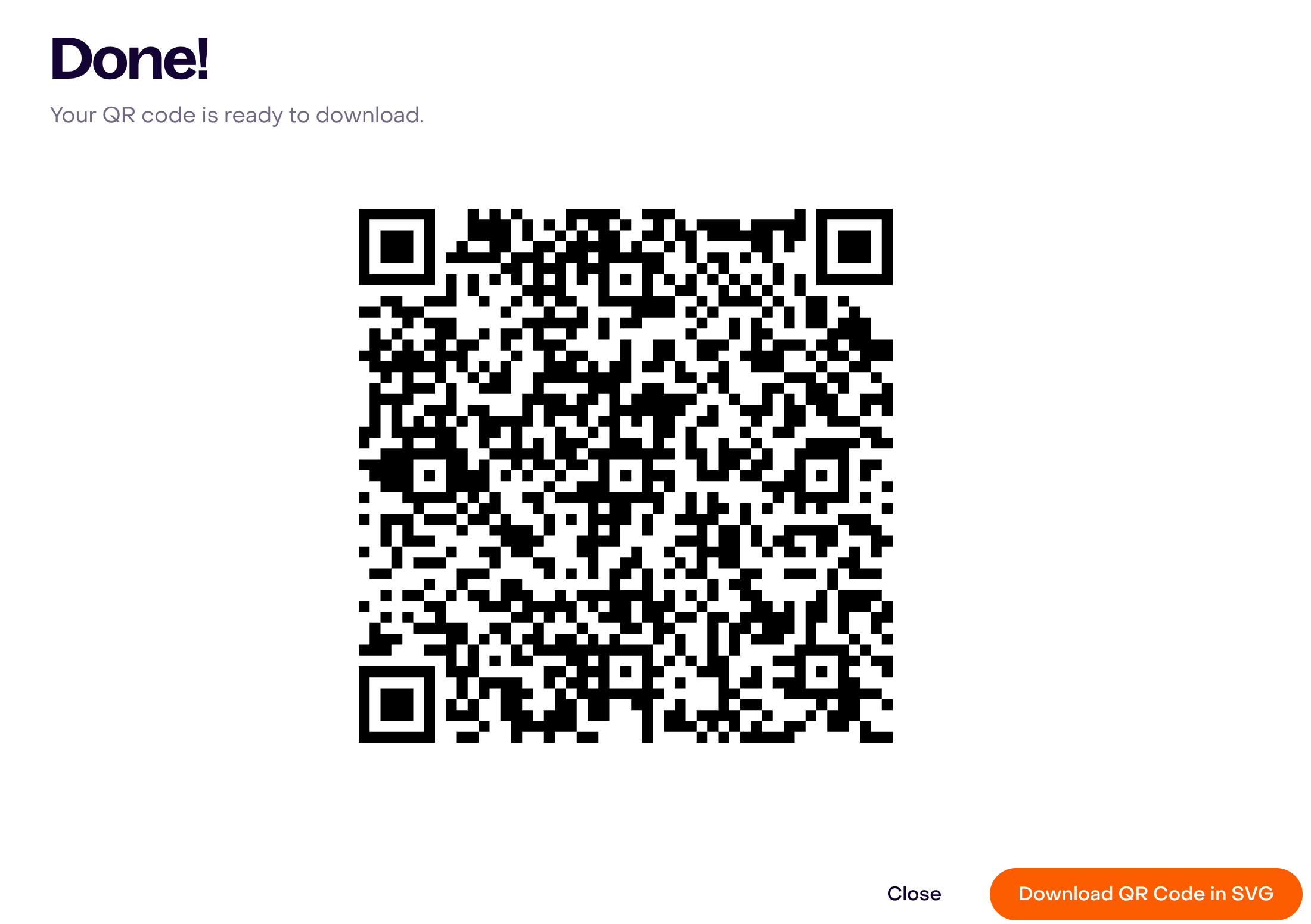 Generated QR code and Download QR Code in SVG button on the final screen.