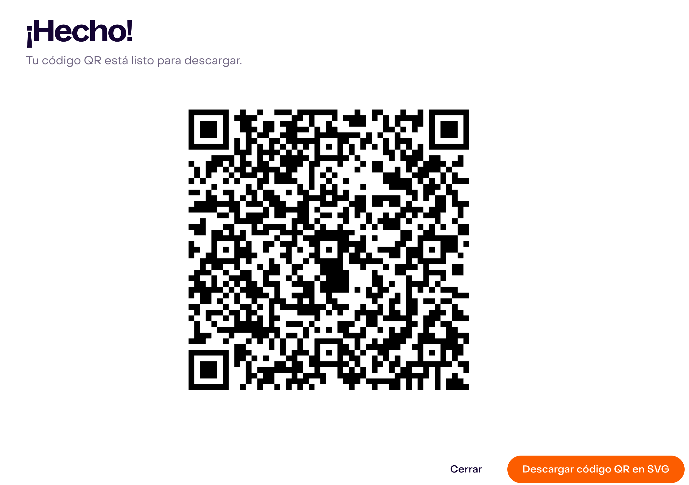 Código QR generado y botón Descargar código QR en SVG en la pantalla final.