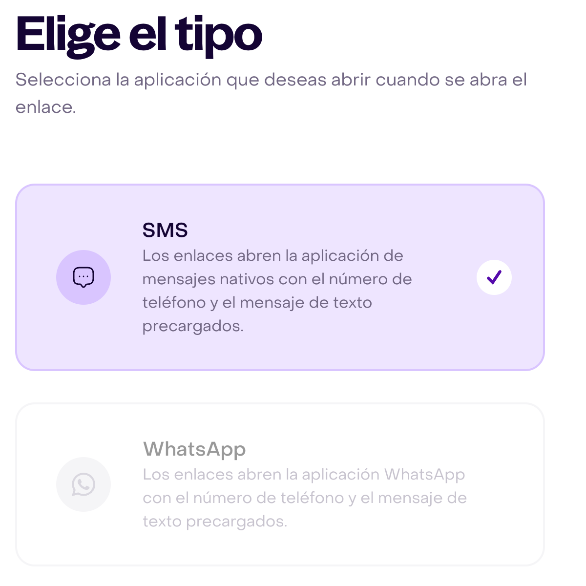 Selector de tipo con SMS elegido y WhatsApp no disponible en la cuenta ficticia.