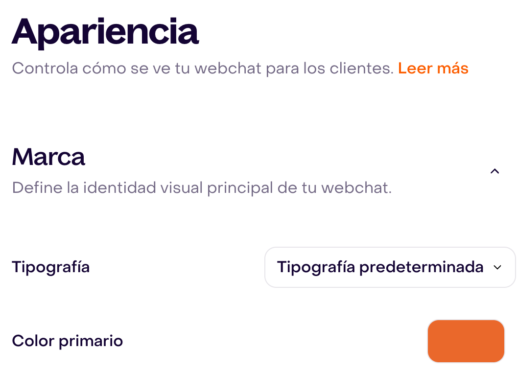 Controles de marca de Webchat, con tipografía y color primario.