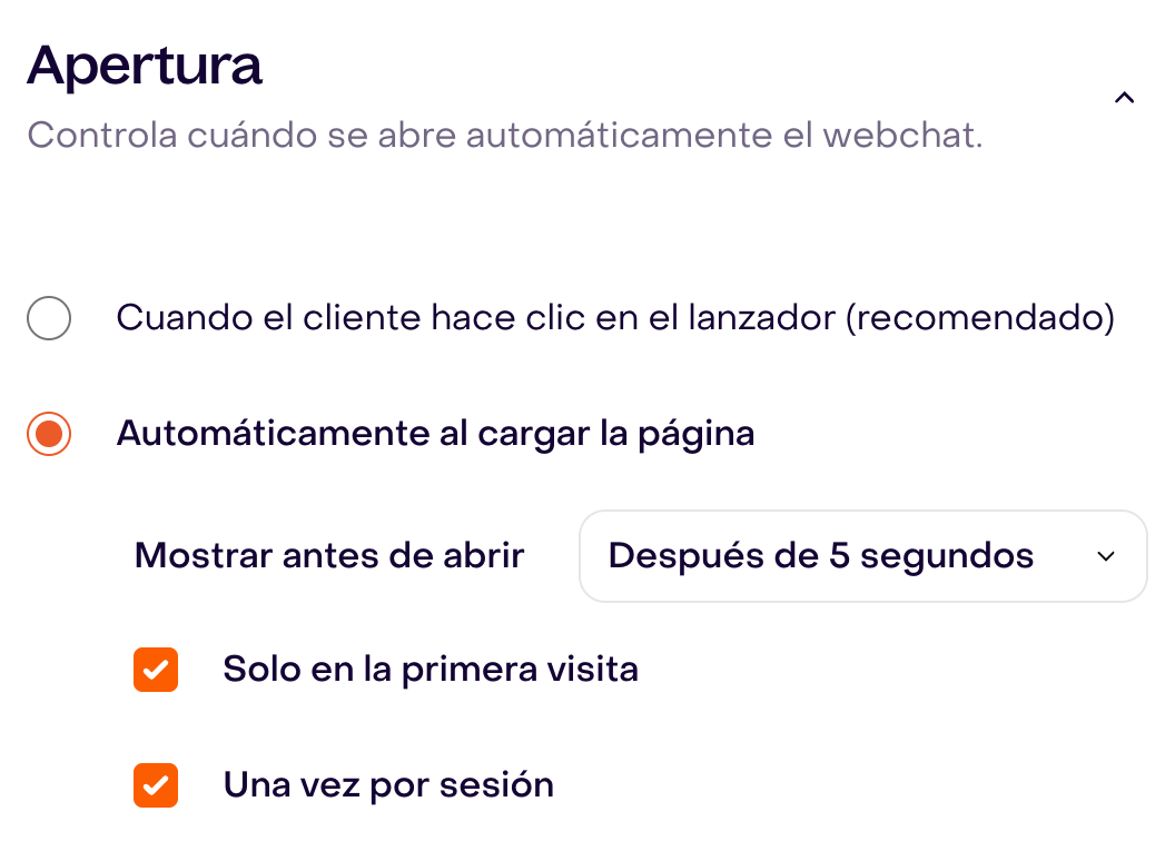 Apertura automática y límites de primera visita y una vez por sesión.