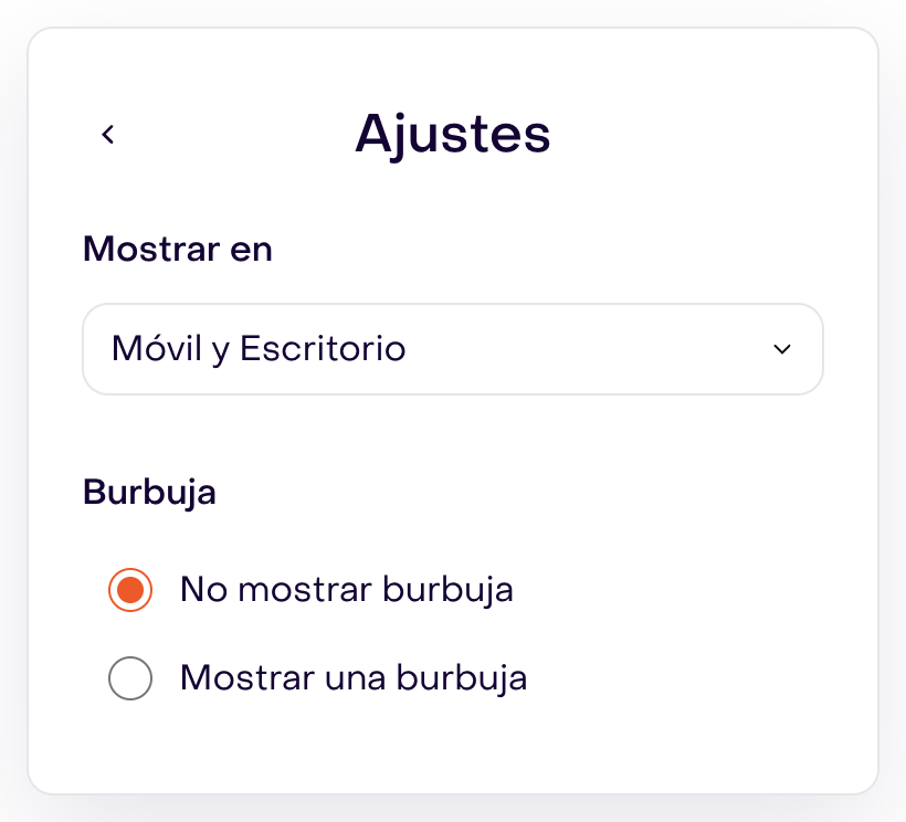 Panel Ajustes con dispositivos y opciones de burbuja.