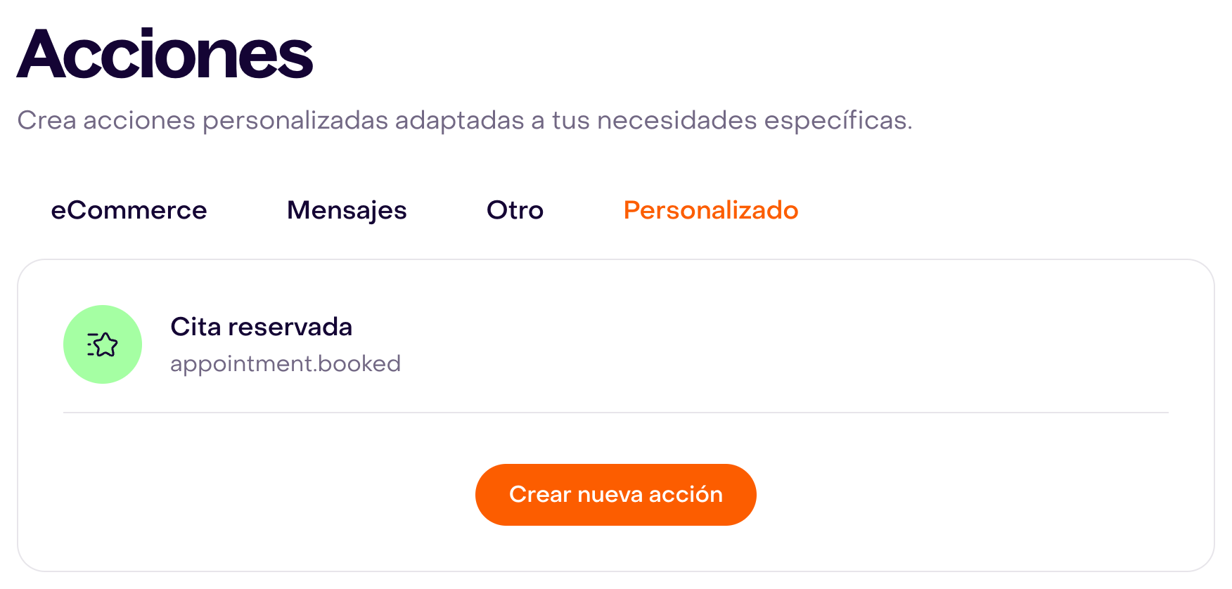 Acción ficticia Cita reservada con nombre de seguimiento appointment.booked en la pestaña Personalizado de Acciones, junto a Crear nueva acción.
