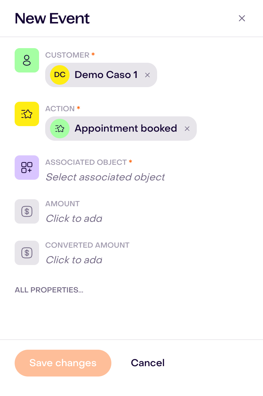 New Event for Demo Caso 1 with Appointment booked selected, required associated object unfilled, and Save changes disabled.