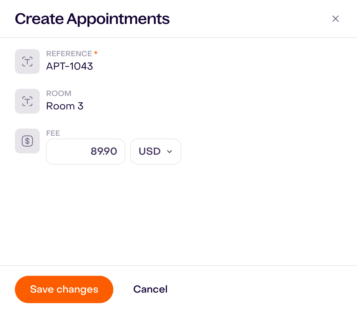 Unsaved Create Appointments draft with required reference APT-1043, Room 3, and fee 89.90 USD.