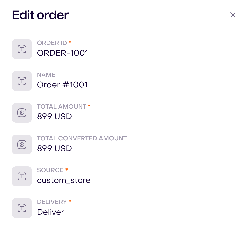 Actual editor of fictional order ORDER-1001 with custom_store source, USD 89.90 total, and Deliver method.