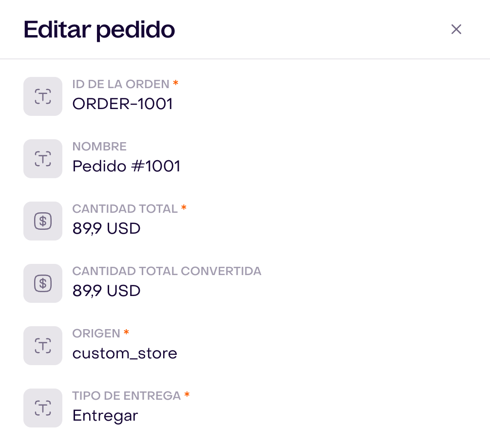 Editor real de un pedido ficticio con referencia ORDER-1001, importe 89,90 USD, origen custom_store y tipo de entrega Entregar.