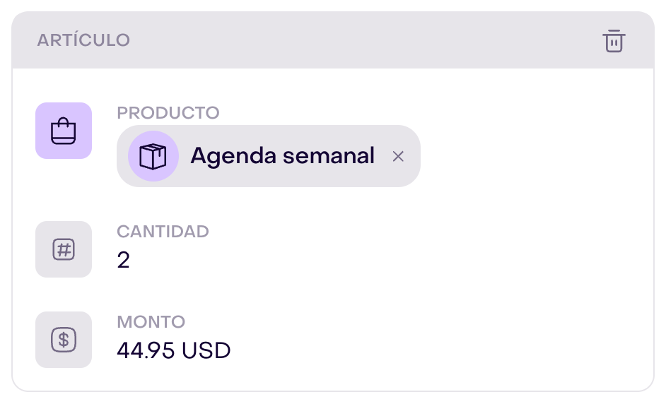Artículo real de un pedido ficticio: Agenda semanal, cantidad 2 e importe unitario USD 44.95.
