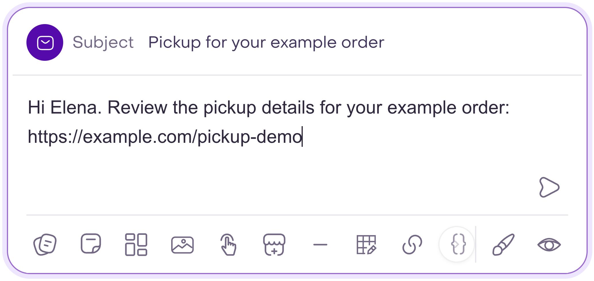 Inbox Email editor showing the subject and body of an unsent draft about picking up an example order.