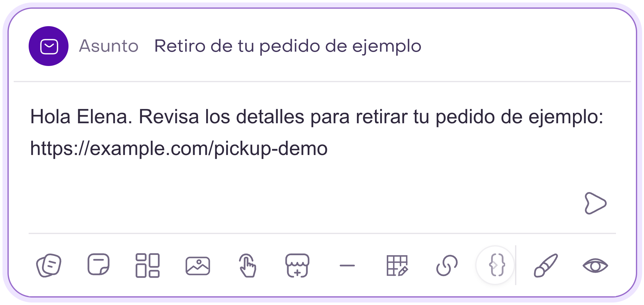 Editor de correo del Inbox con el asunto y el cuerpo de un borrador sobre el retiro de un pedido de ejemplo.