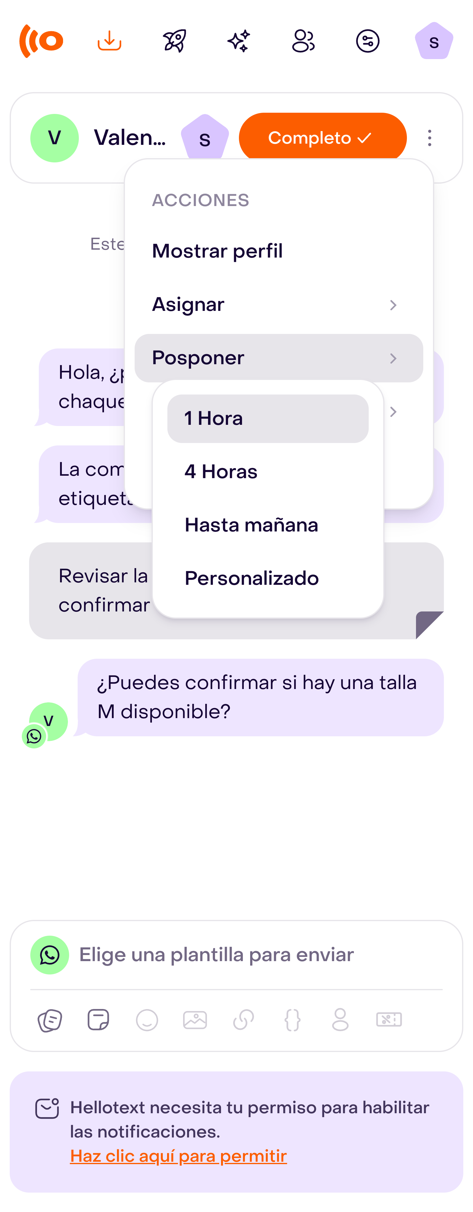Menú Posponer abierto en una conversación del Inbox, con las opciones de tiempo disponibles.