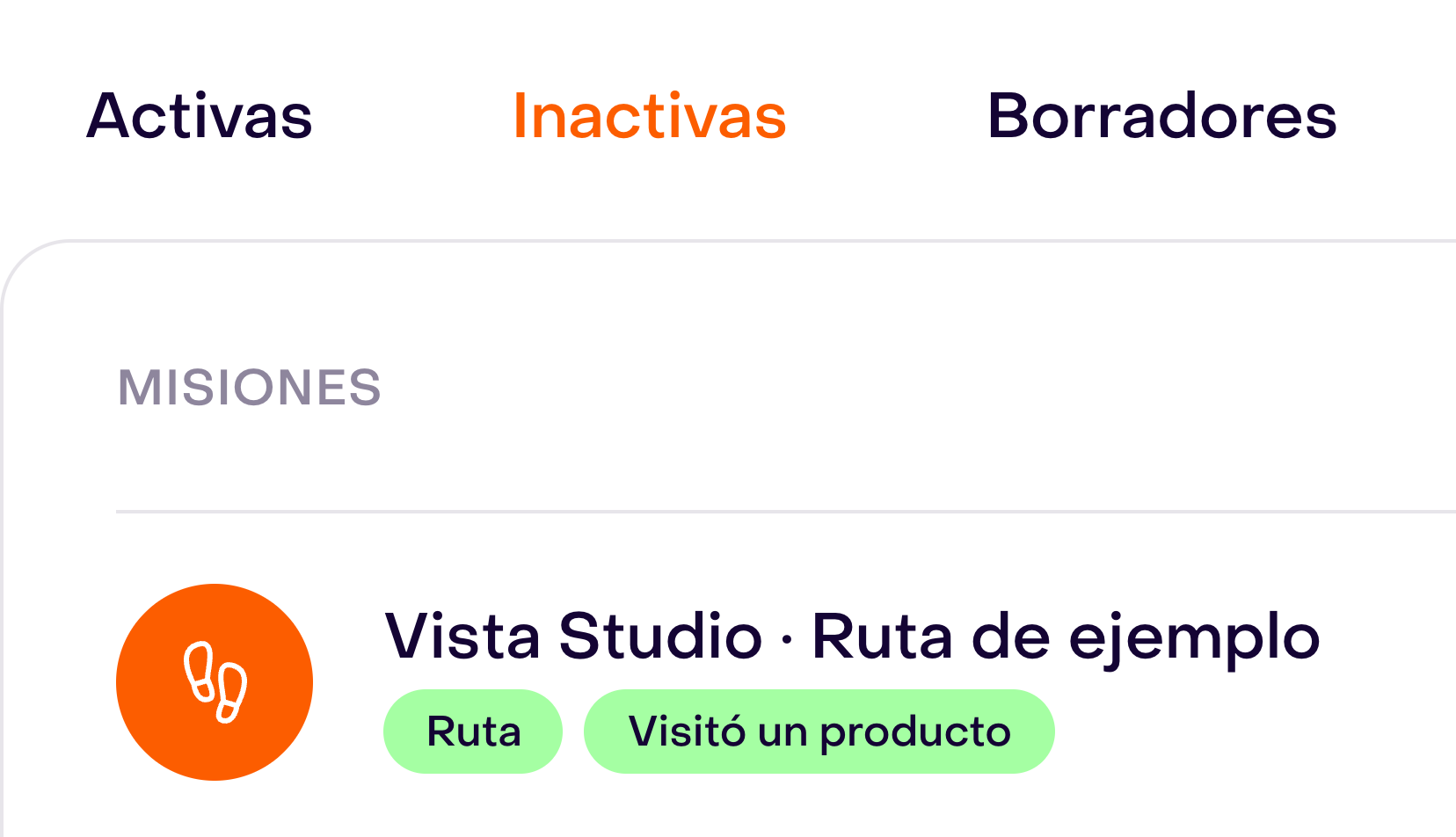Listado de rutas con Inactivas seleccionado y la ruta ficticia con su disparador Visitó un producto.