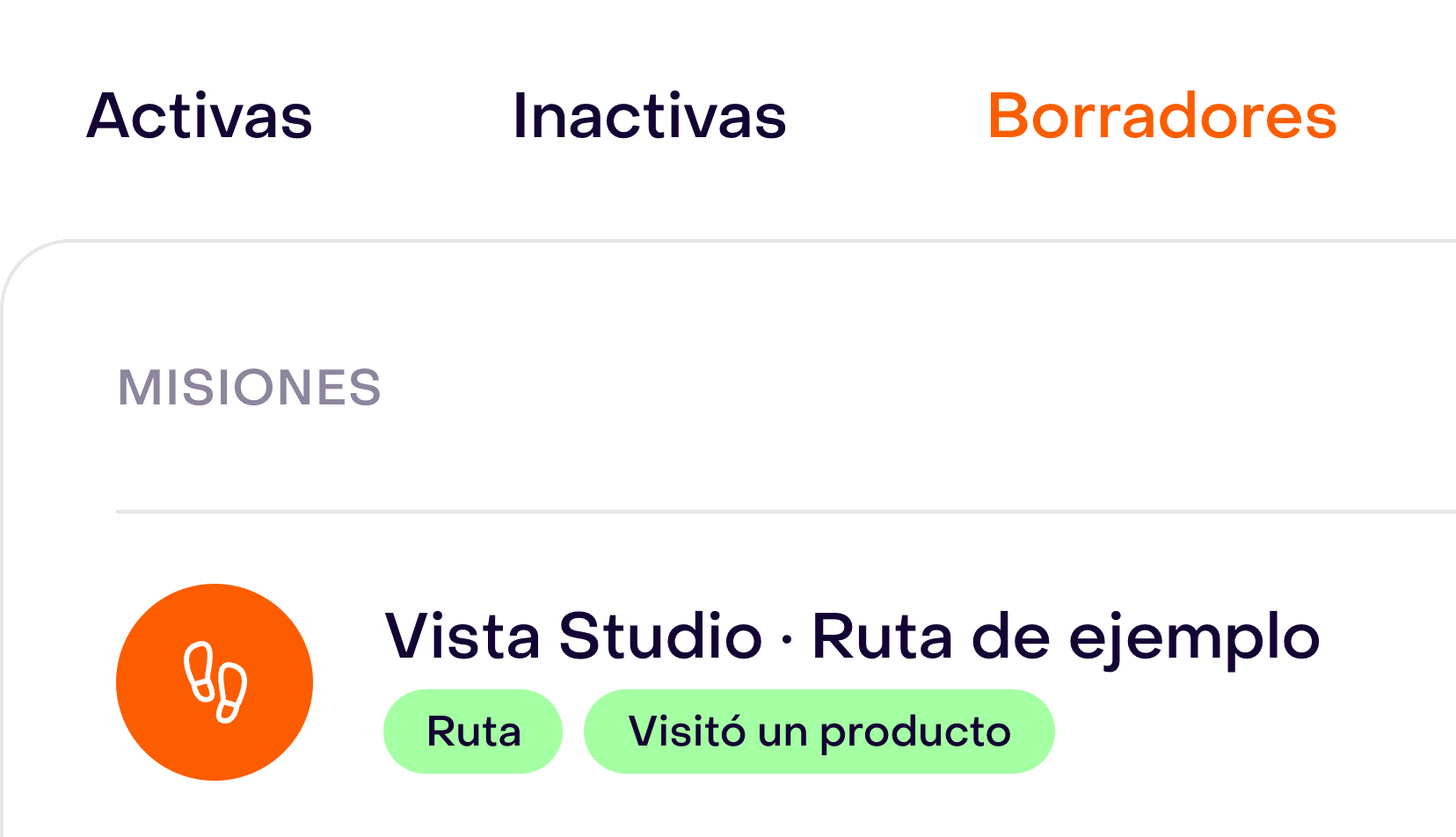 Listado de rutas con Borradores seleccionado y la ruta ficticia guardada con el disparador Visitó un producto.