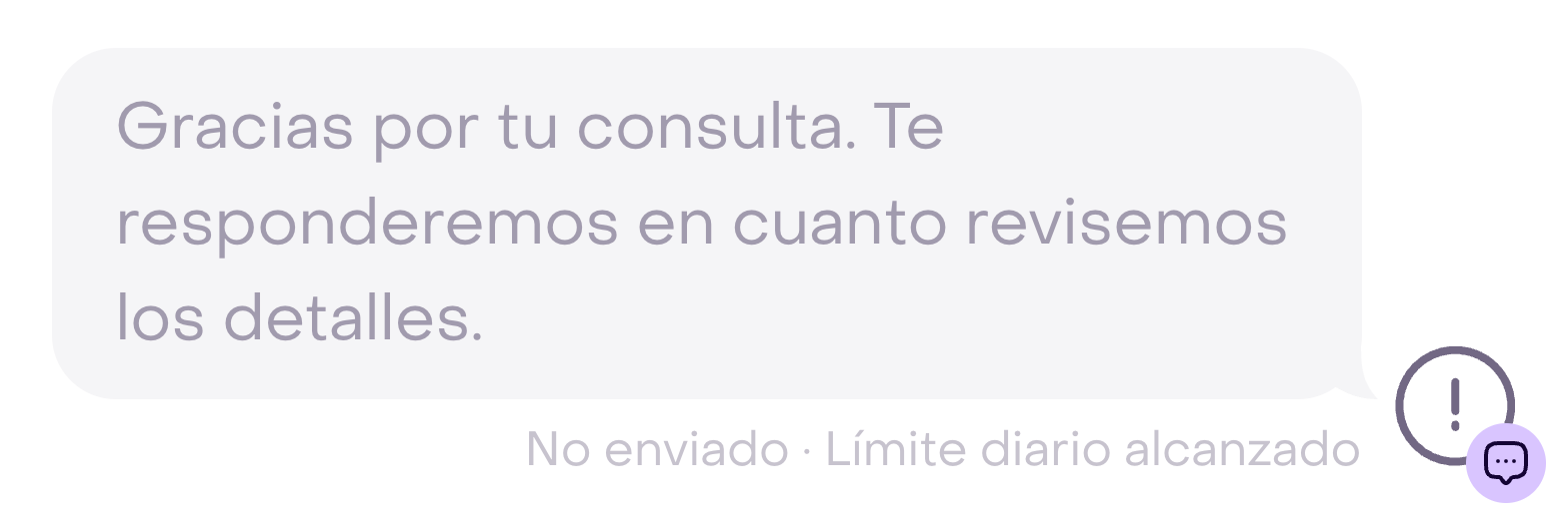 Mensaje ficticio en la Bandeja con el motivo No enviado · Límite diario alcanzado.