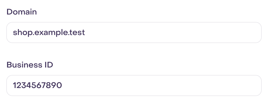 Actual Fenicio Domain and Business ID fields with fictional unsaved values.