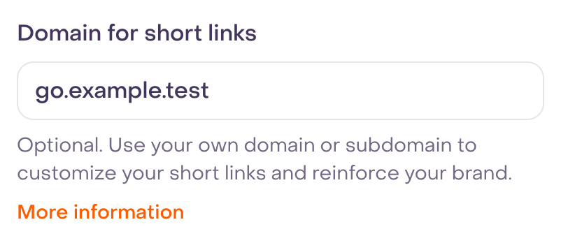 Real Domain for short links field with fictional unsaved go.example.test; it does not establish DNS or verification.