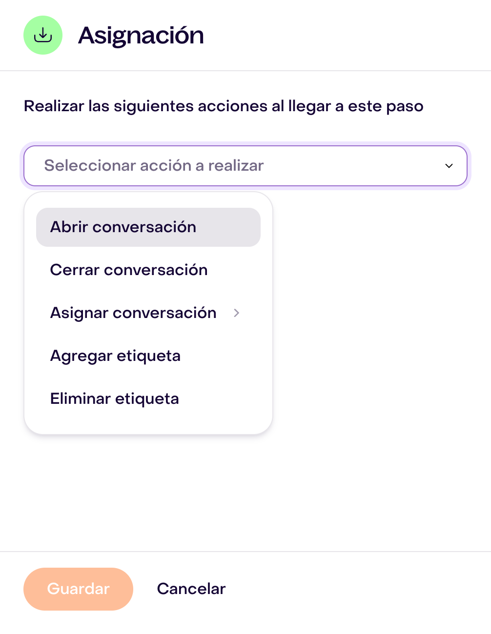 Cinco acciones en el componente Asignación