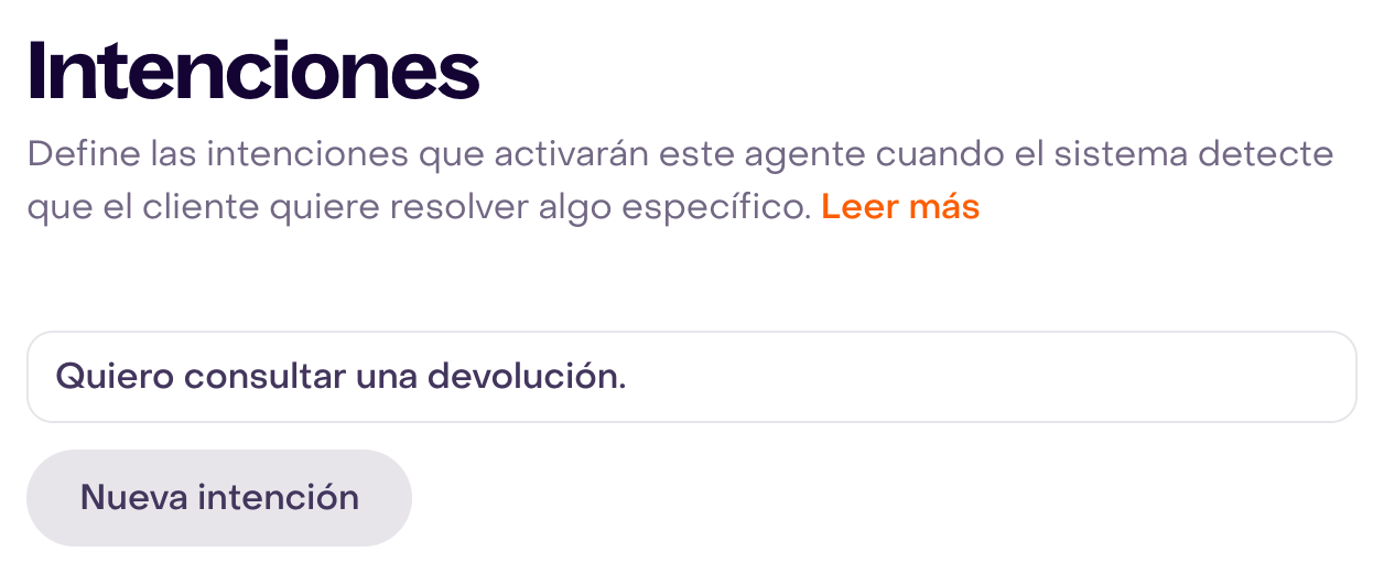 Frase ficticia sin agregar en el panel Intenciones