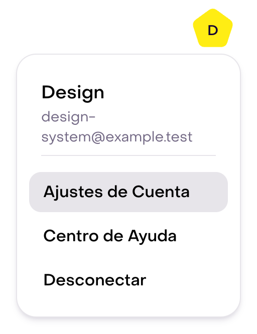 Menú real de la cuenta ficticia Design, design-system@example.test, con Ajustes de Cuenta; no se seleccionó ninguna acción. La misma fuente de escritorio se usa en vistas estrechas sin duplicado.