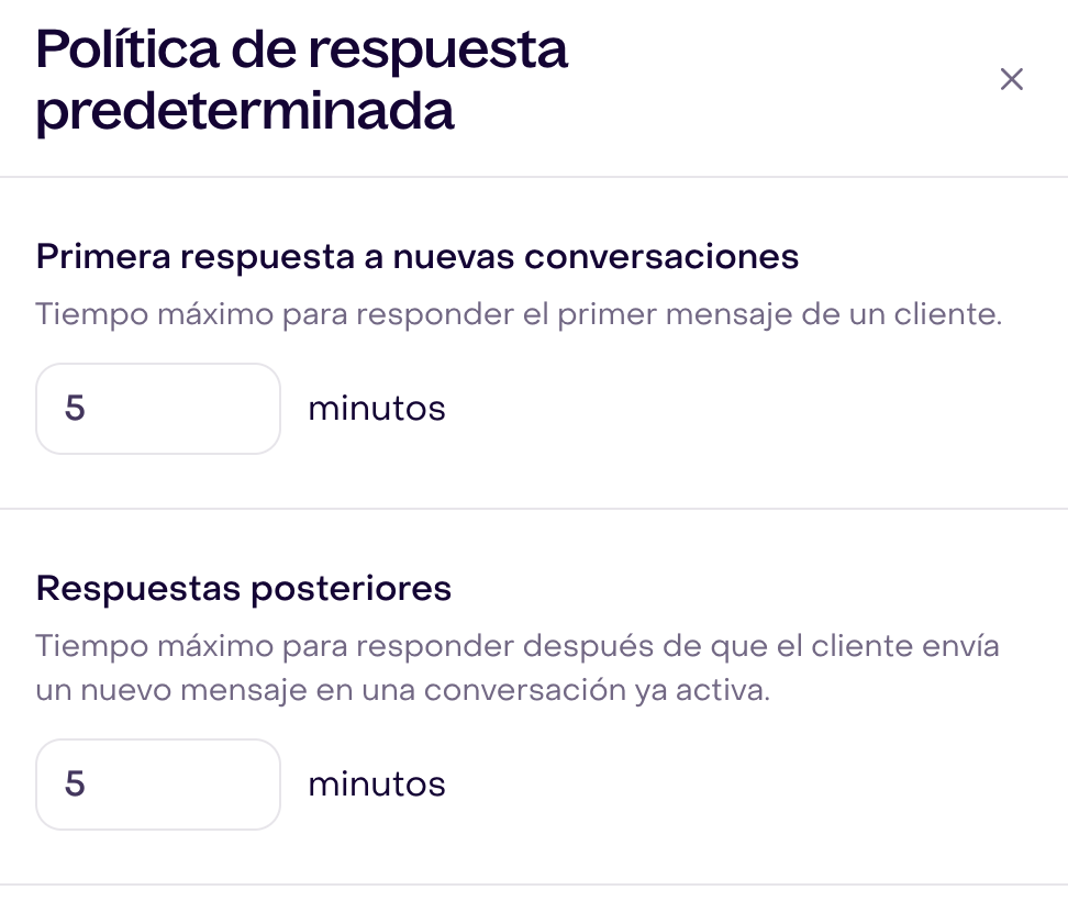 Política de respuesta predeterminada real, con dos objetivos existentes de 5 minutos en una cuenta ficticia; sin cambios ni guardado.