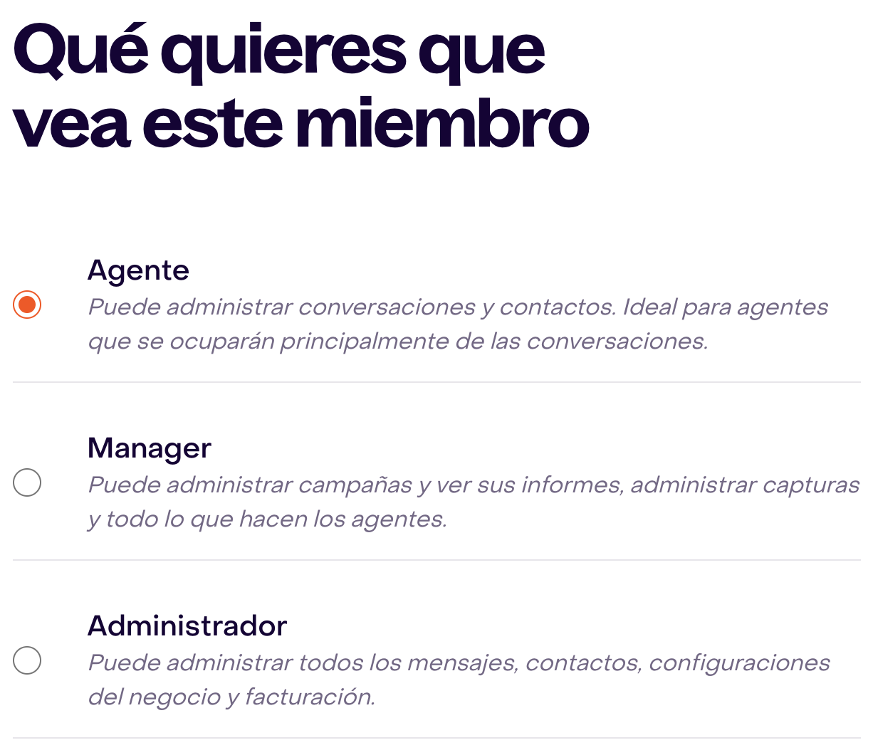 Selector real de roles con Agente seleccionado para una compañera ficticia, sin cambios guardados.